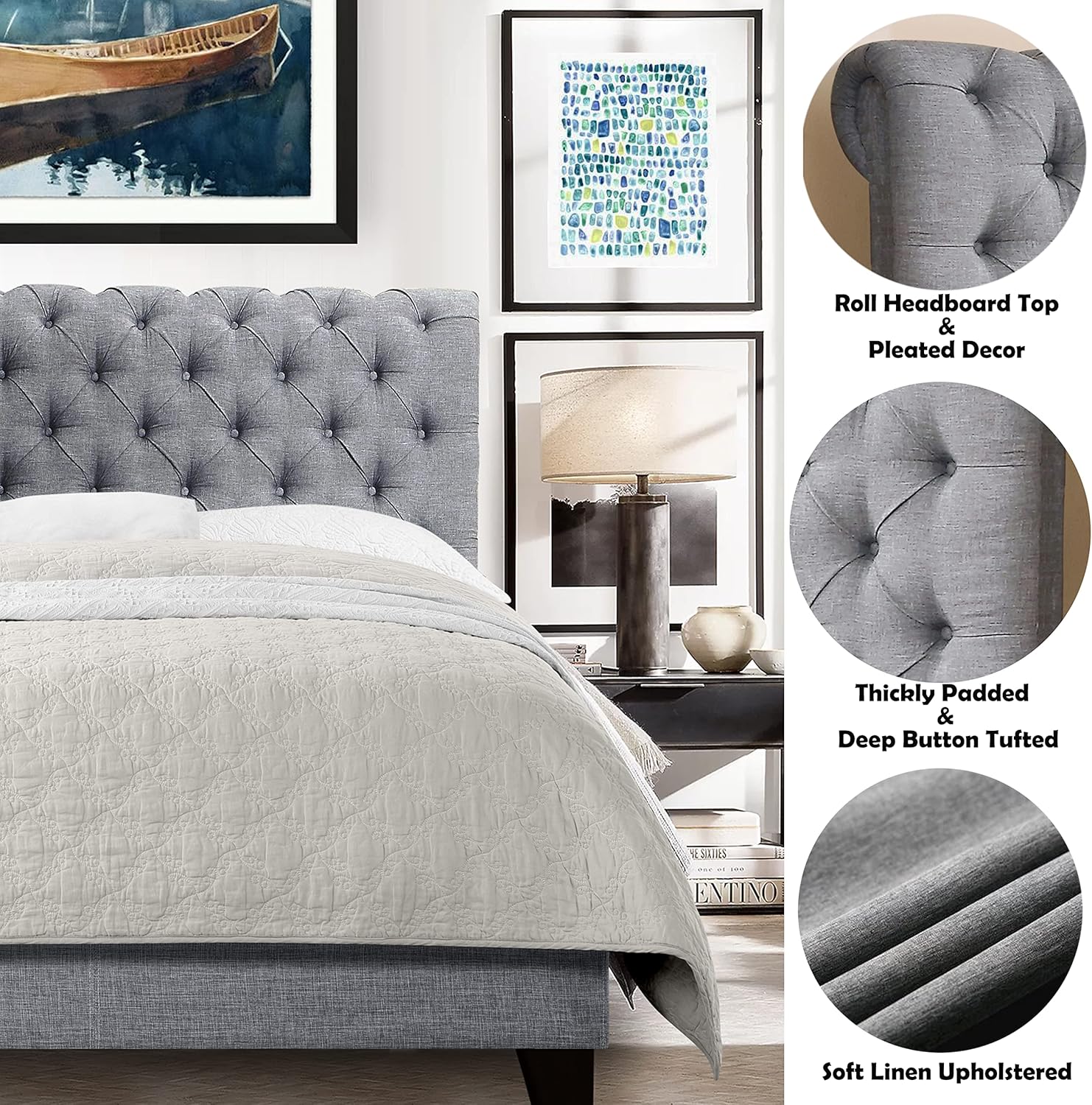 Upholstered fabric bed frame with adjustable headboard, Chesterfield style, wooden slatted supports, easy to assemble, single size