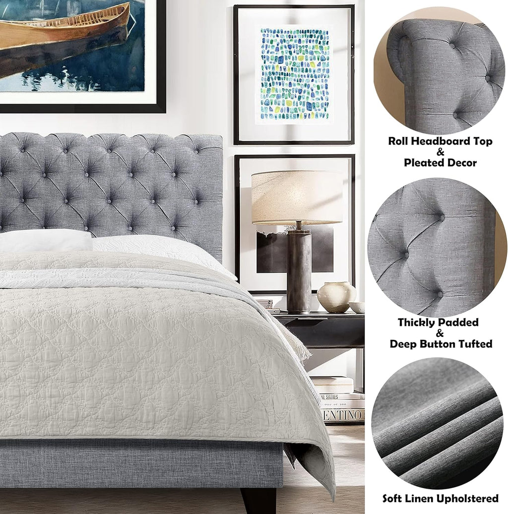 Upholstered fabric bed frame with adjustable headboard, Chesterfield style, wooden slatted supports, easy to assemble, single size