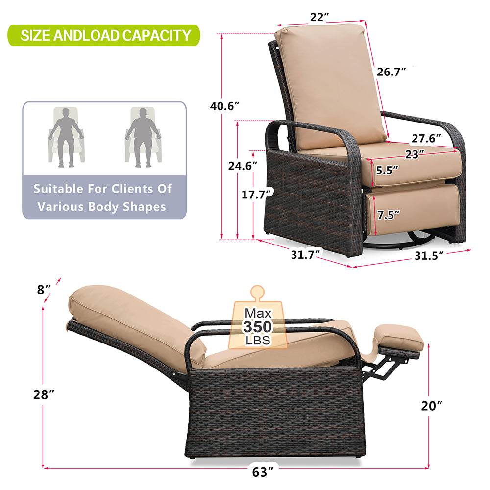 Arttoreal Outdoor Wicker Swivel Recliner Chair, 360° Rotating Patio Recliner