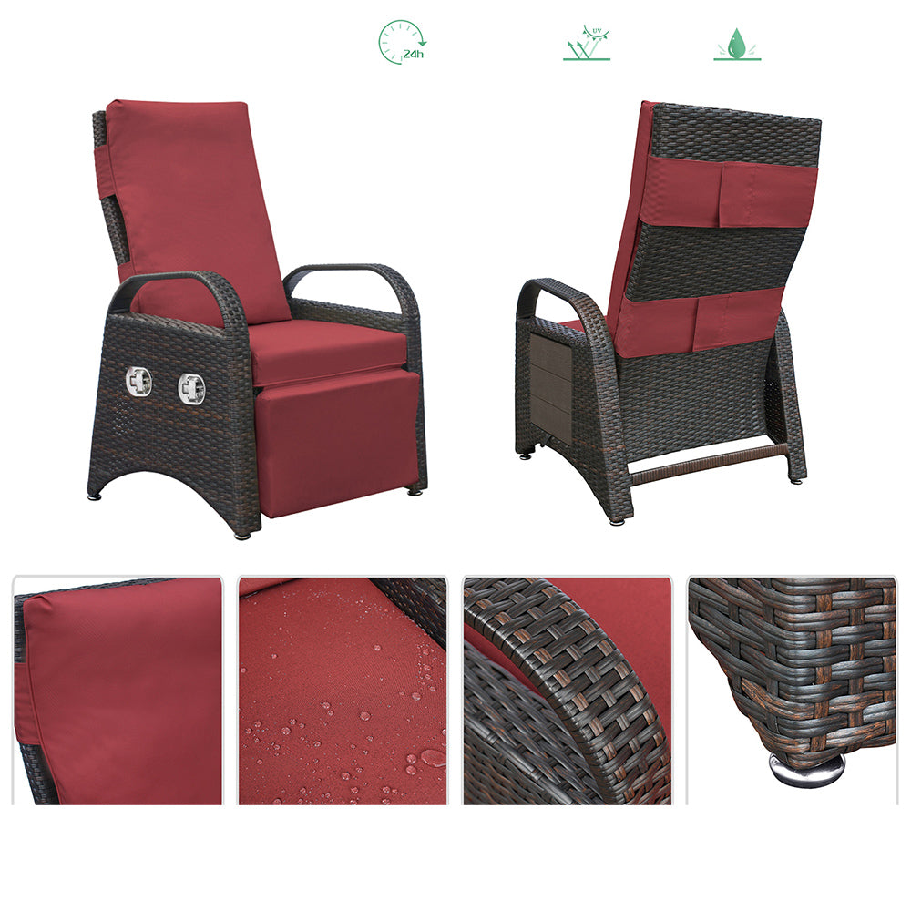Outdoor patio rattan chair, all-weather PE rattan chair, with fold-down side table, independently adjustable footrest and adjustable recliner.