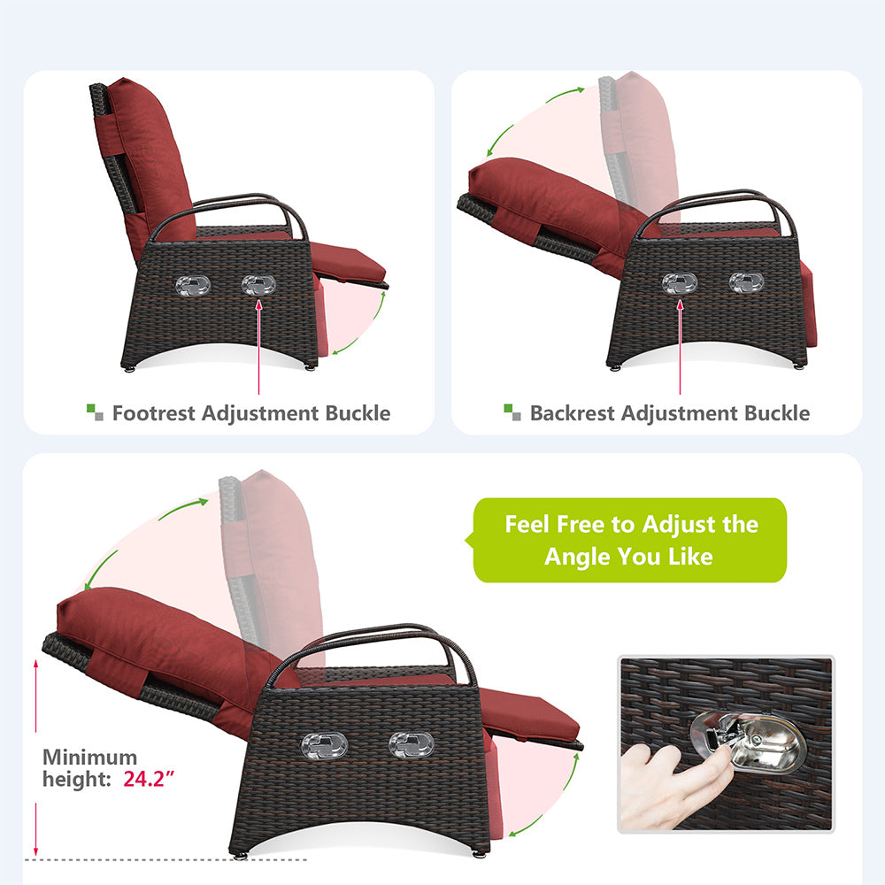 Outdoor patio rattan chair, all-weather PE rattan chair, with fold-down side table, independently adjustable footrest and adjustable recliner.