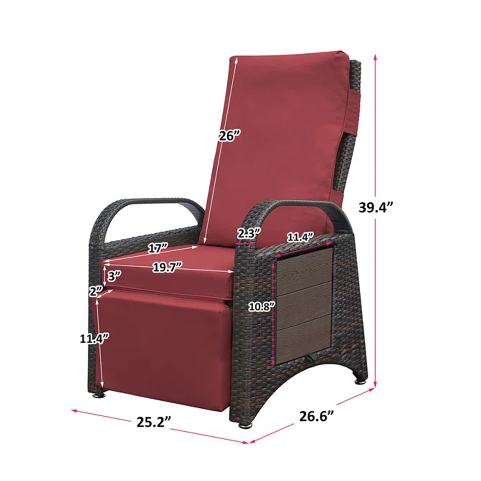Outdoor patio rattan chair, all-weather PE rattan chair, with fold-down side table, independently adjustable footrest and adjustable recliner.