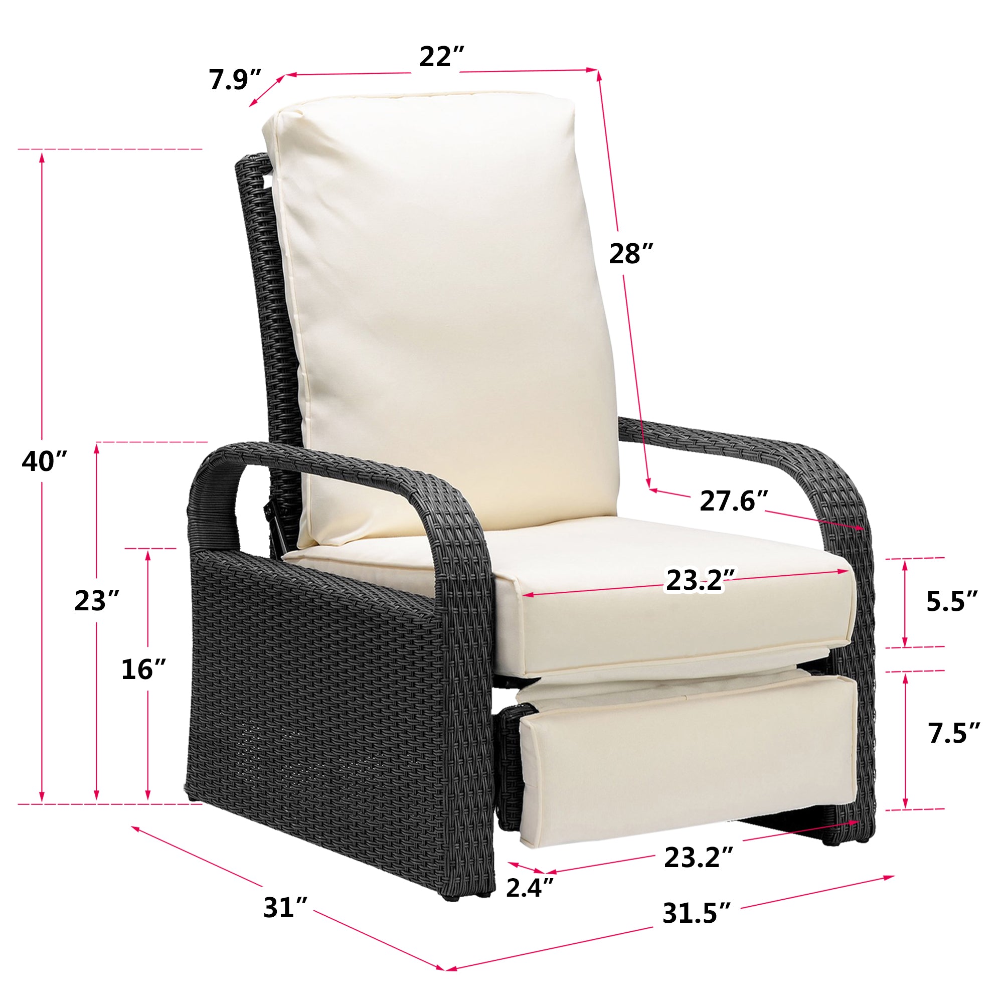 Arttoreal Outdoor Recliner Lounge Chair for Patio & Poolside – Premium Wicker Rattan Chair with Cushion and Adjustable Backrest(350 lbs Capacity)