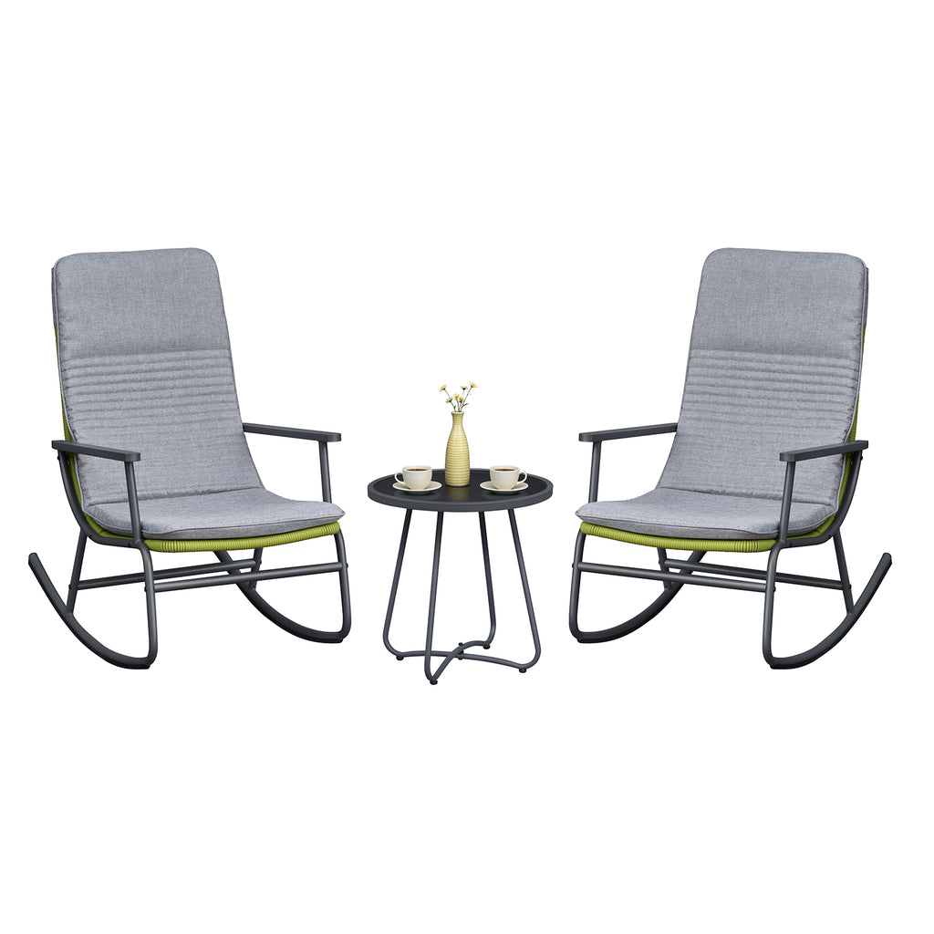 Arttoreal 3-Piece Patio Rocking Chair Bistro Set, Heavy Duty 330 LBS Rocking Chairs with 17.3" Side Table, Gray Cushion & Green Wicker for Garden, Balcony