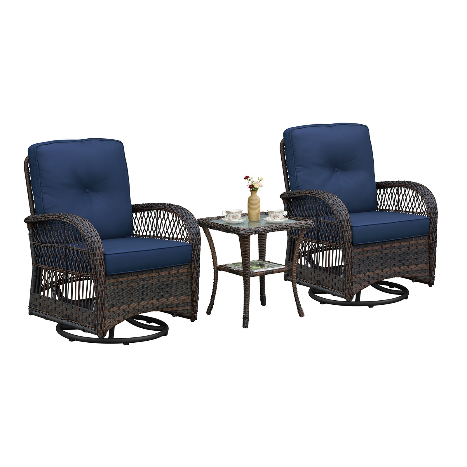 Arttoreal Outdoor Swivel Rocker Patio Chairs Set of 2 and Matching Side Table / 3 Piece Wicker Patio Bistro Set with Premium Fabric Cushions