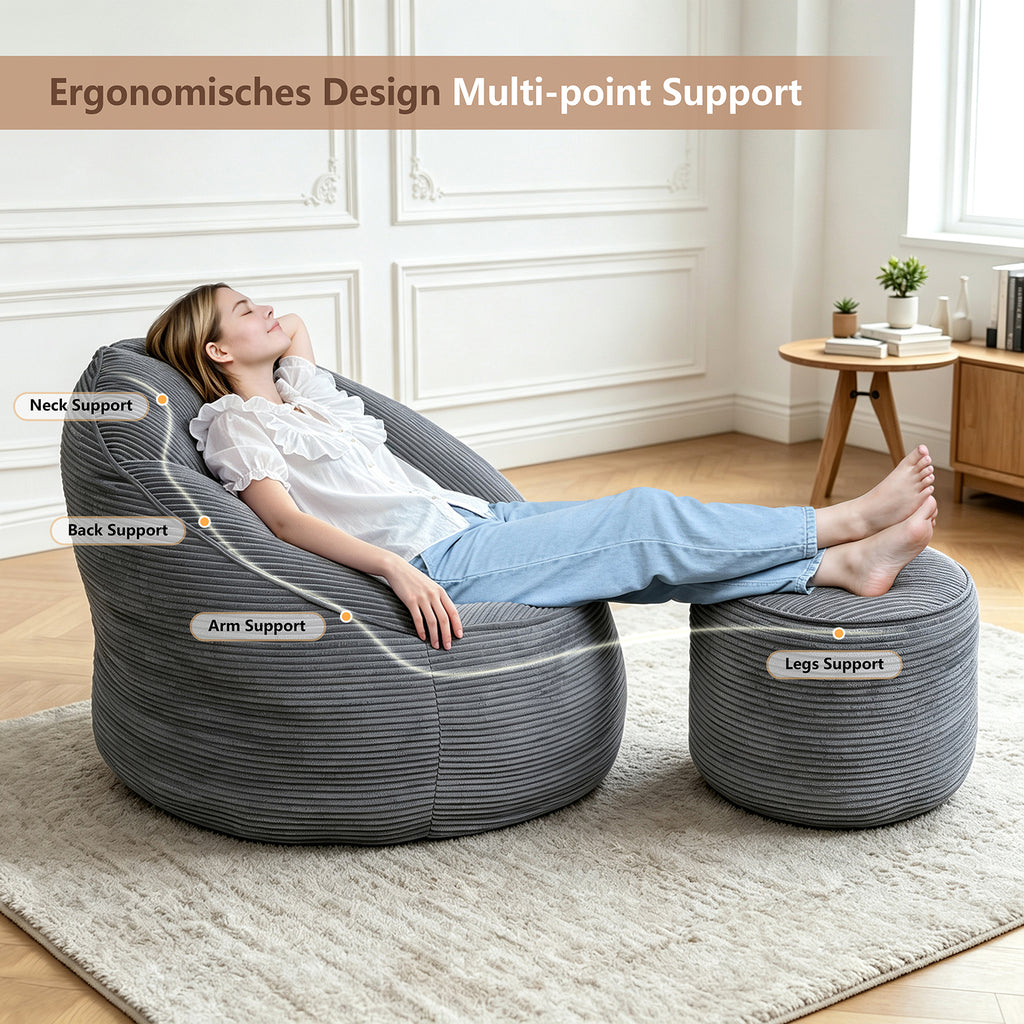 Arttoreal Bean Bag Chair with Foot Stool, 40.5" Corduroy Bean Bag Sofa for Living Room Bedroom