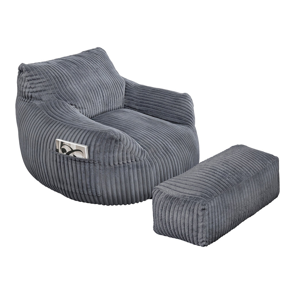 Arttoreal Bean Bag Chair with Ottoman, Corduroy Beanbag Sofa with Footrest for Adults, Grey