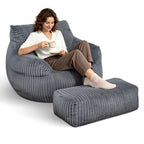 Arttoreal Bean Bag Chair with Ottoman, Corduroy Beanbag Sofa with Footrest for Adults, Grey