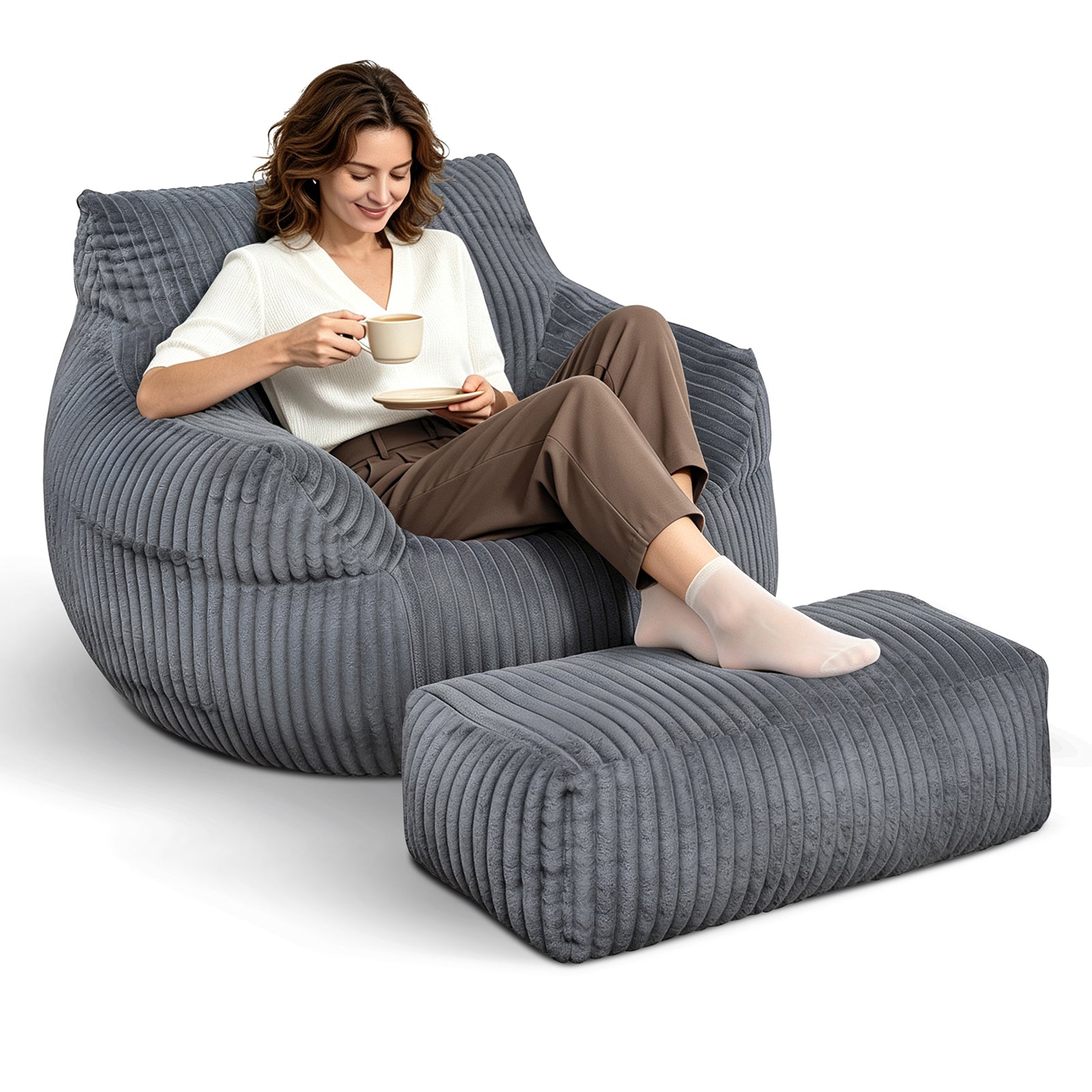 Arttoreal Bean Bag Chair with Ottoman, Corduroy Beanbag Sofa with Footrest for Adults, Grey