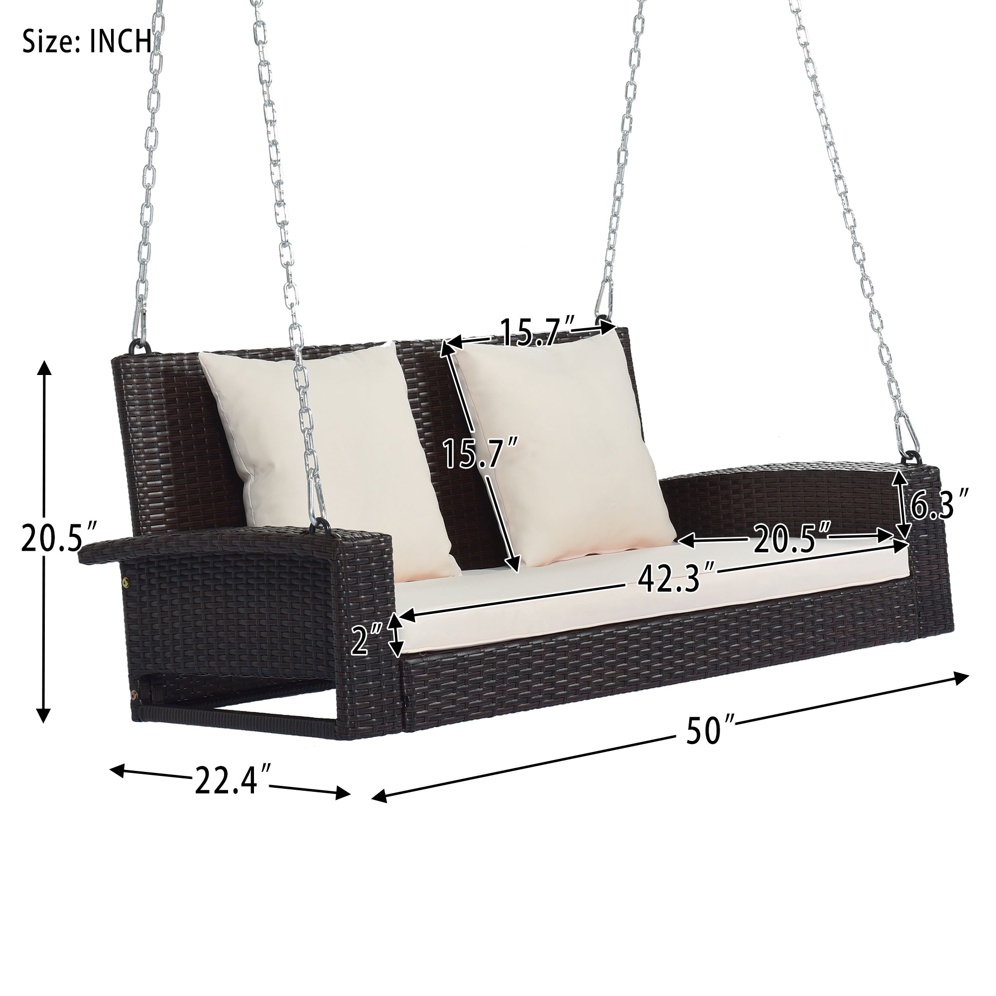 2-Person Wicker Hanging Porch Swing with Chains, Cushion, Pillow, Rattan Swing Bench for Garden, Backyard, Pond.