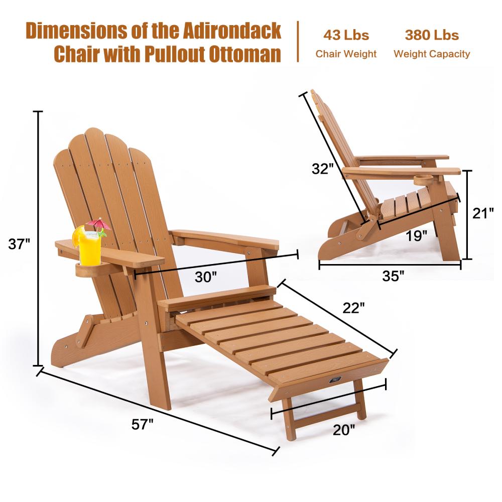 Patio Folding Adirondack Chair with Retractable Ottoman, Cup Holder for Porch, Pool, Deck, Backyard, Garden