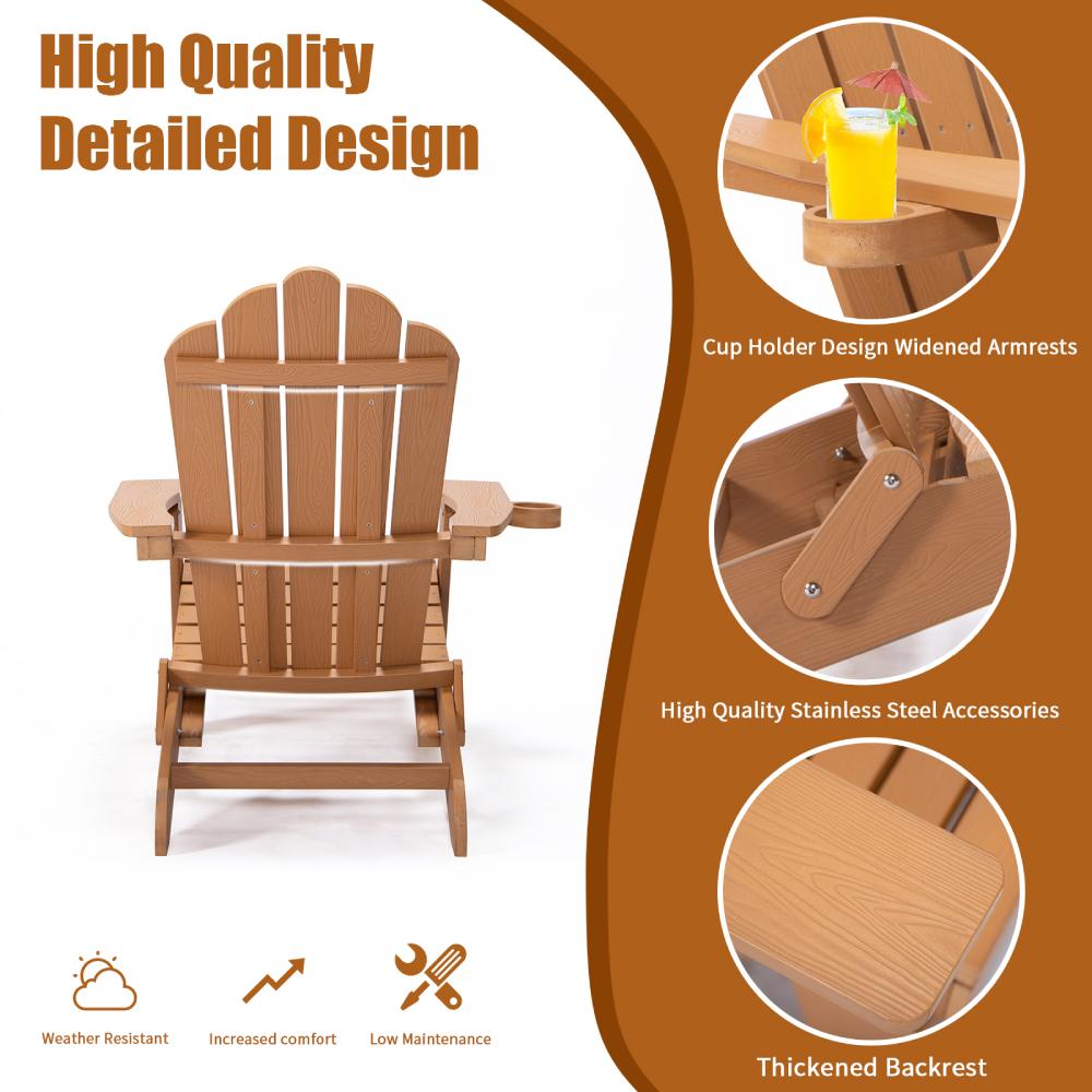 Patio Folding Adirondack Chair with Retractable Ottoman, Cup Holder for Porch, Pool, Deck, Backyard, Garden