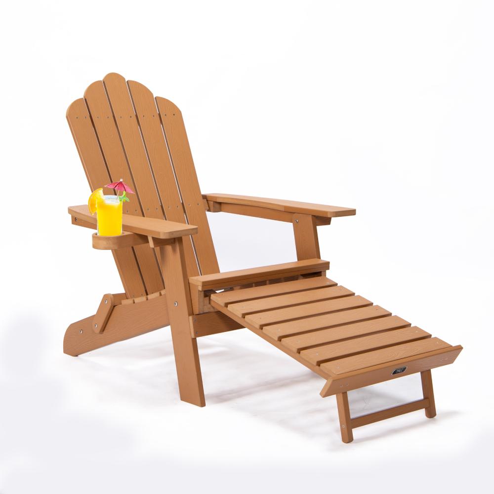 Patio Folding Adirondack Chair with Retractable Ottoman, Cup Holder for Porch, Pool, Deck, Backyard, Garden