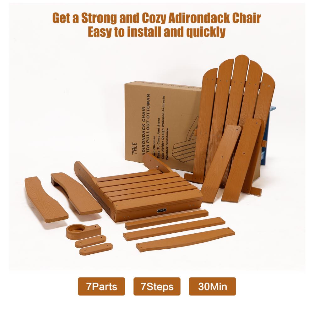 Patio Folding Adirondack Chair with Retractable Ottoman, Cup Holder for Porch, Pool, Deck, Backyard, Garden