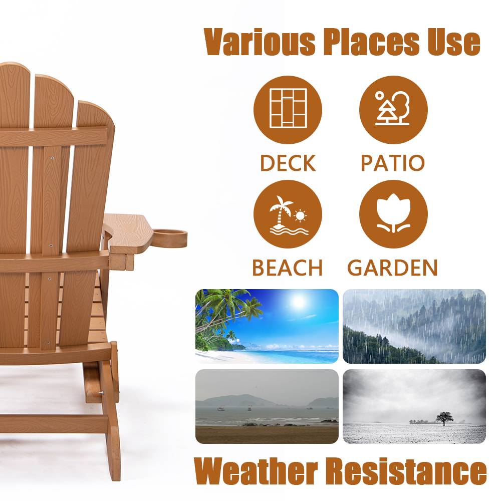 Patio Folding Adirondack Chair with Retractable Ottoman, Cup Holder for Porch, Pool, Deck, Backyard, Garden