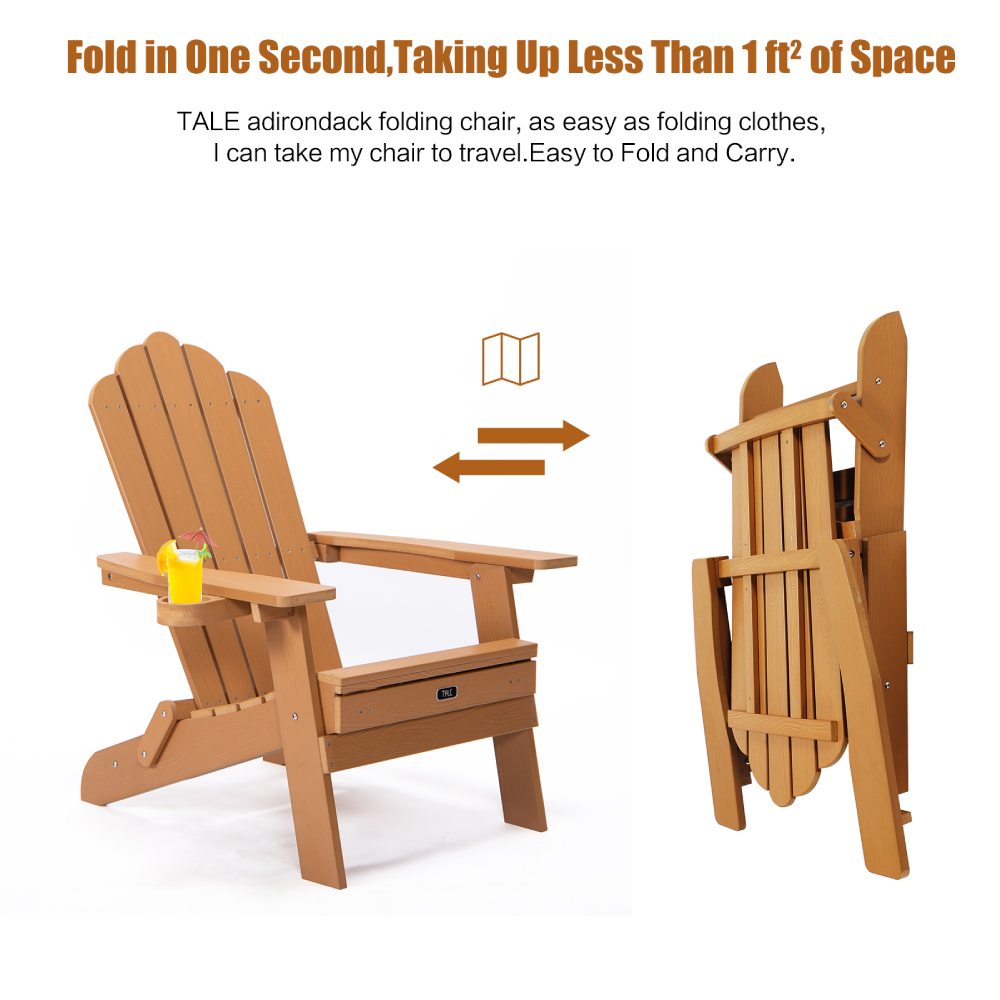 Patio Folding Adirondack Chair with Retractable Ottoman, Cup Holder for Porch, Pool, Deck, Backyard, Garden