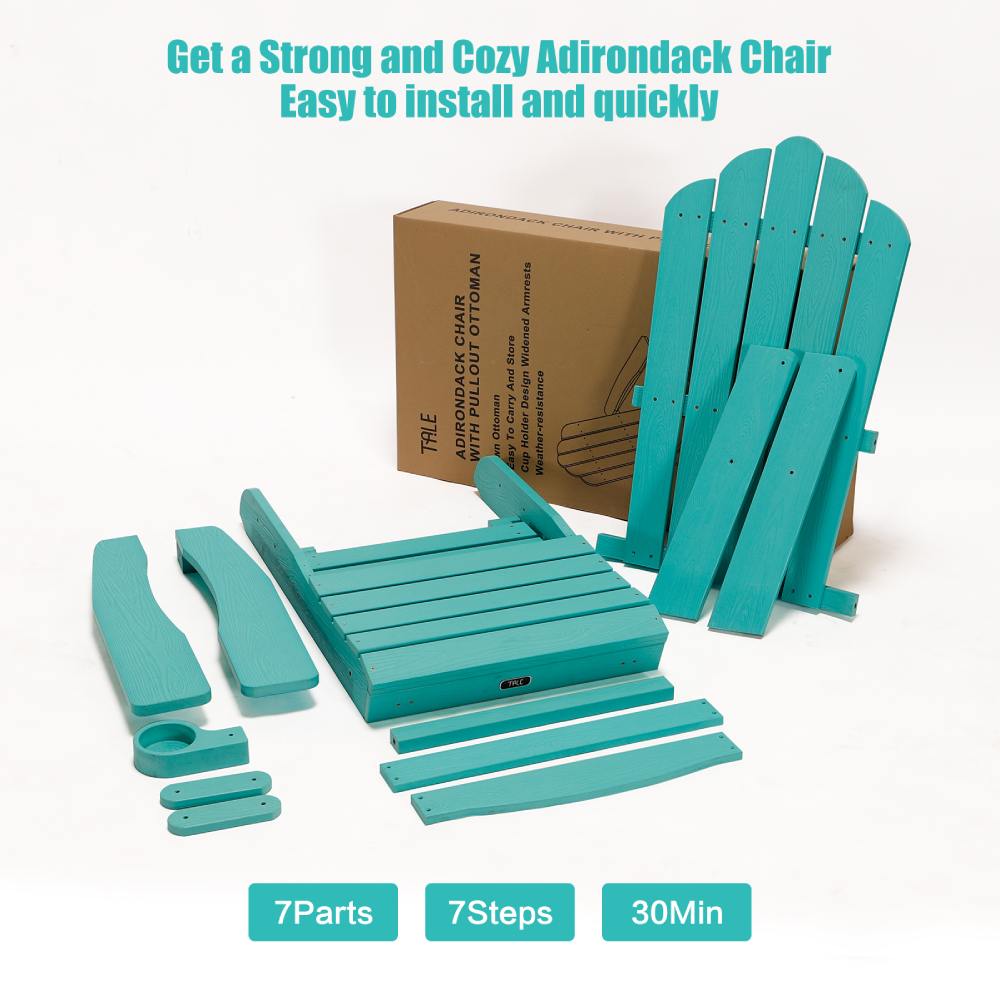 Folding Adirondack Chair with Cup Holder / Weather Resistant Patio Chair with Retractable Footrest for Porch, Pool, Deck, Backyard, Garden, Green