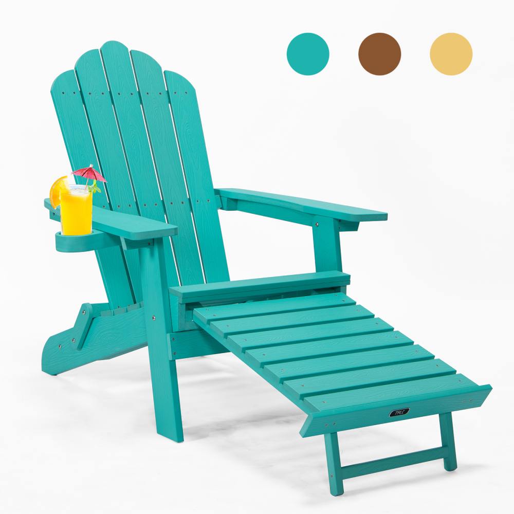 Folding Adirondack Chair with Cup Holder / Weather Resistant Patio Chair with Retractable Footrest for Porch, Pool, Deck, Backyard, Garden, Green