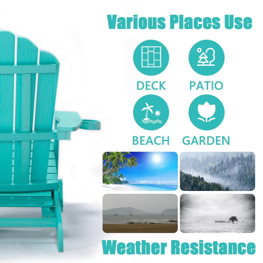 Folding Adirondack Chair with Cup Holder / Weather Resistant Patio Chair with Retractable Footrest for Porch, Pool, Deck, Backyard, Garden, Green