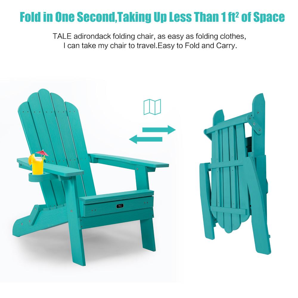 Folding Adirondack Chair with Cup Holder / Weather Resistant Patio Chair with Retractable Footrest for Porch, Pool, Deck, Backyard, Garden, Green