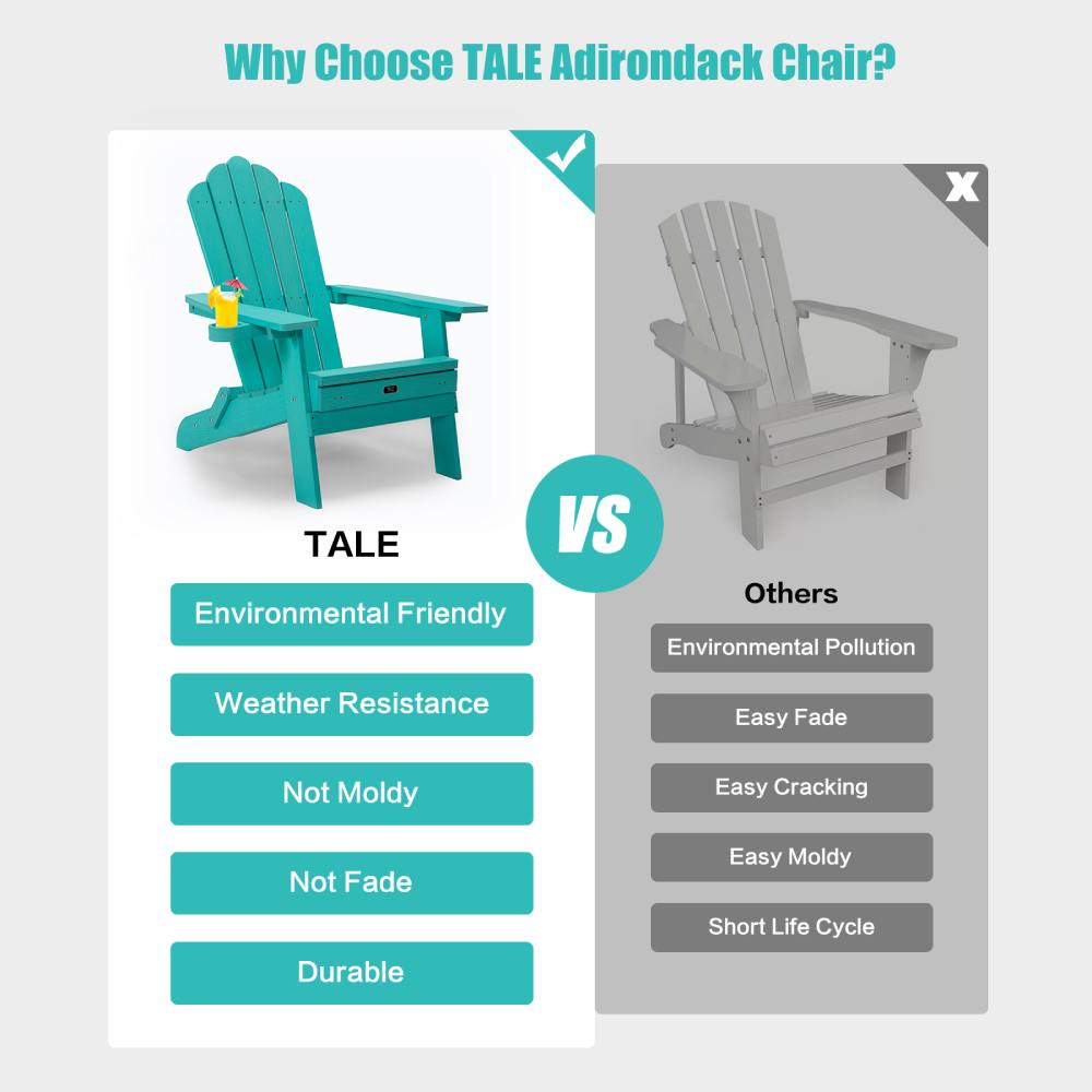 Folding Adirondack Chair with Cup Holder / Weather Resistant Patio Chair with Retractable Footrest for Porch, Pool, Deck, Backyard, Garden, Green