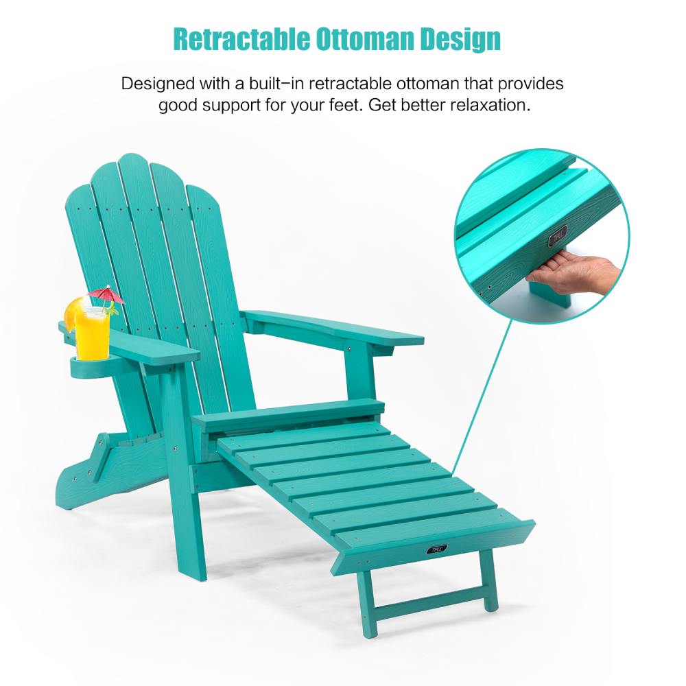 Folding Adirondack Chair with Cup Holder / Weather Resistant Patio Chair with Retractable Footrest for Porch, Pool, Deck, Backyard, Garden, Green