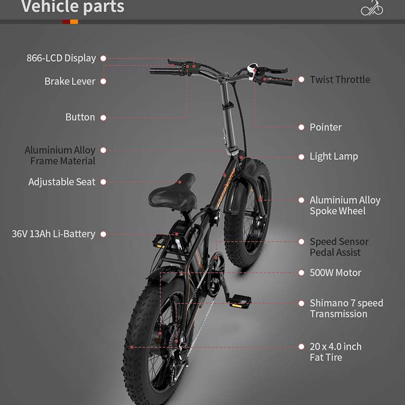 Folding Electric Bike 500W Motor / Beach Snow Bicycle 20" Fat Tire with 36V 13Ah Removable Li-Battery