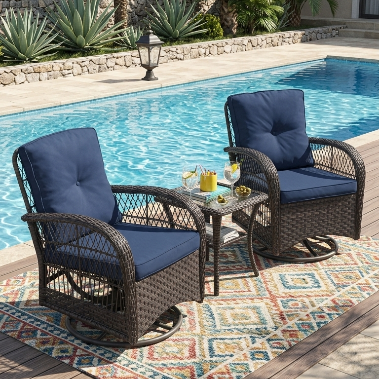Arttoreal Outdoor Swivel Rocker Patio Chairs Set of 2 and Matching Side Table / 3 Piece Wicker Patio Bistro Set with Premium Fabric Cushions