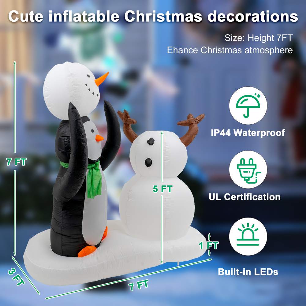 7 Ft Christmas Inflatable Penguin and Snowman Outdoor/ Christmas Inflatable Decoration with Build-in LED Lights for Yard Lawn Garden