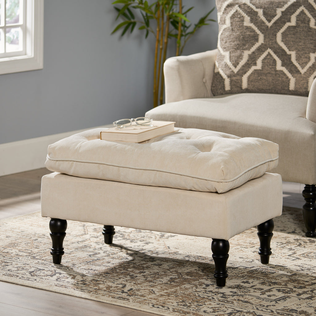 Khaki Tufted Ottoman with Cushions, 28 Inch Upholstered Ottoman for Living Room, Bedroom Sitting Area