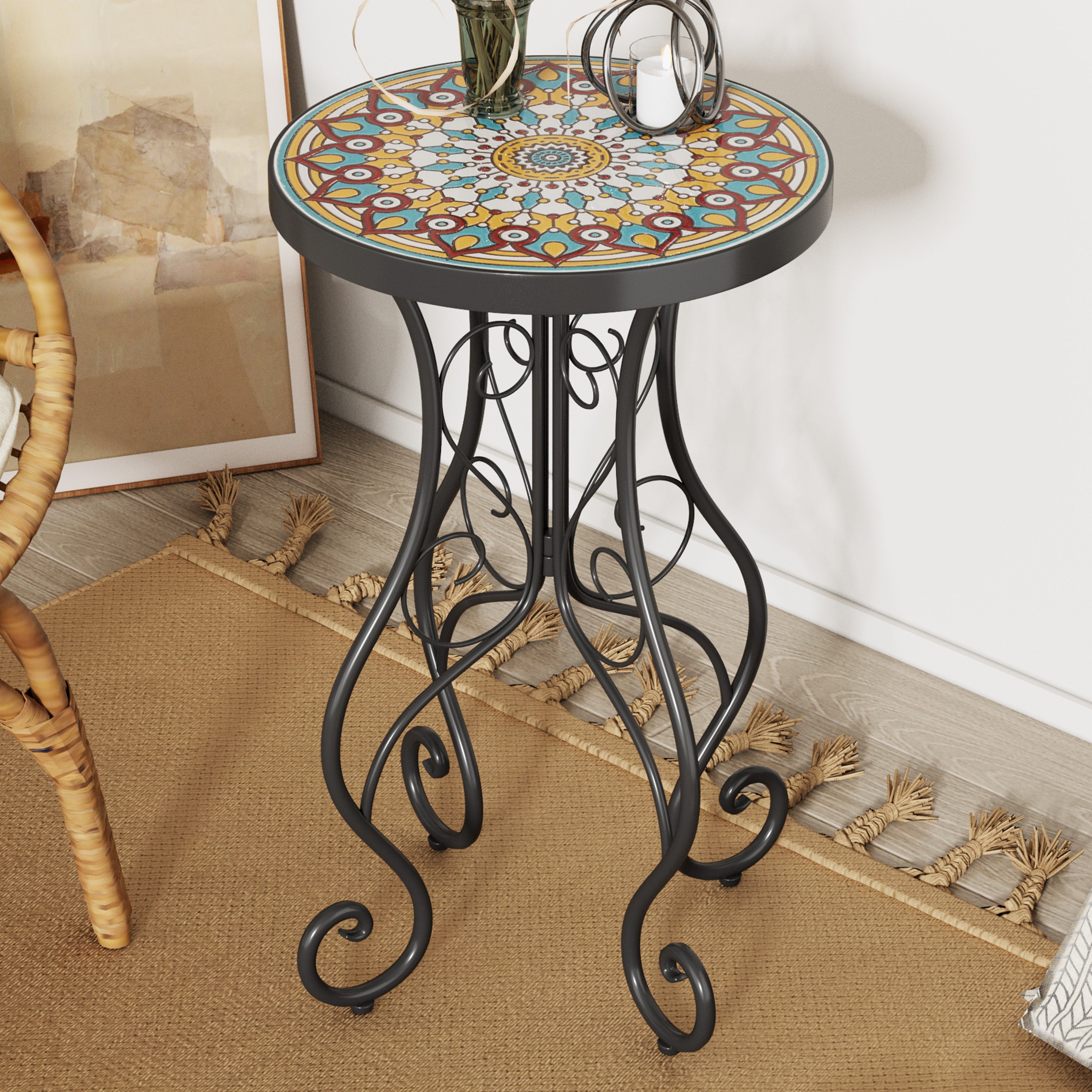 Round Ceramic Outdoor Side Table,Colorful+Black