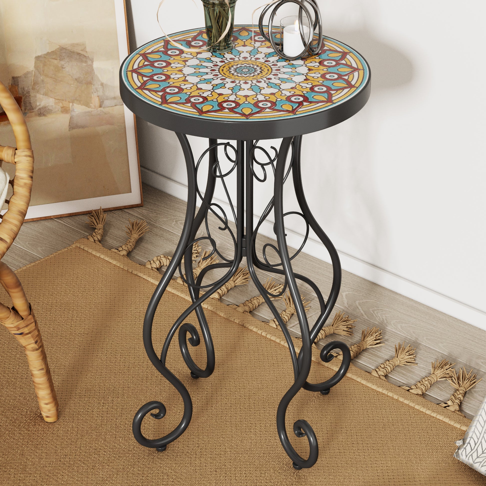 Round Ceramic Outdoor Side Table,Colorful+Black