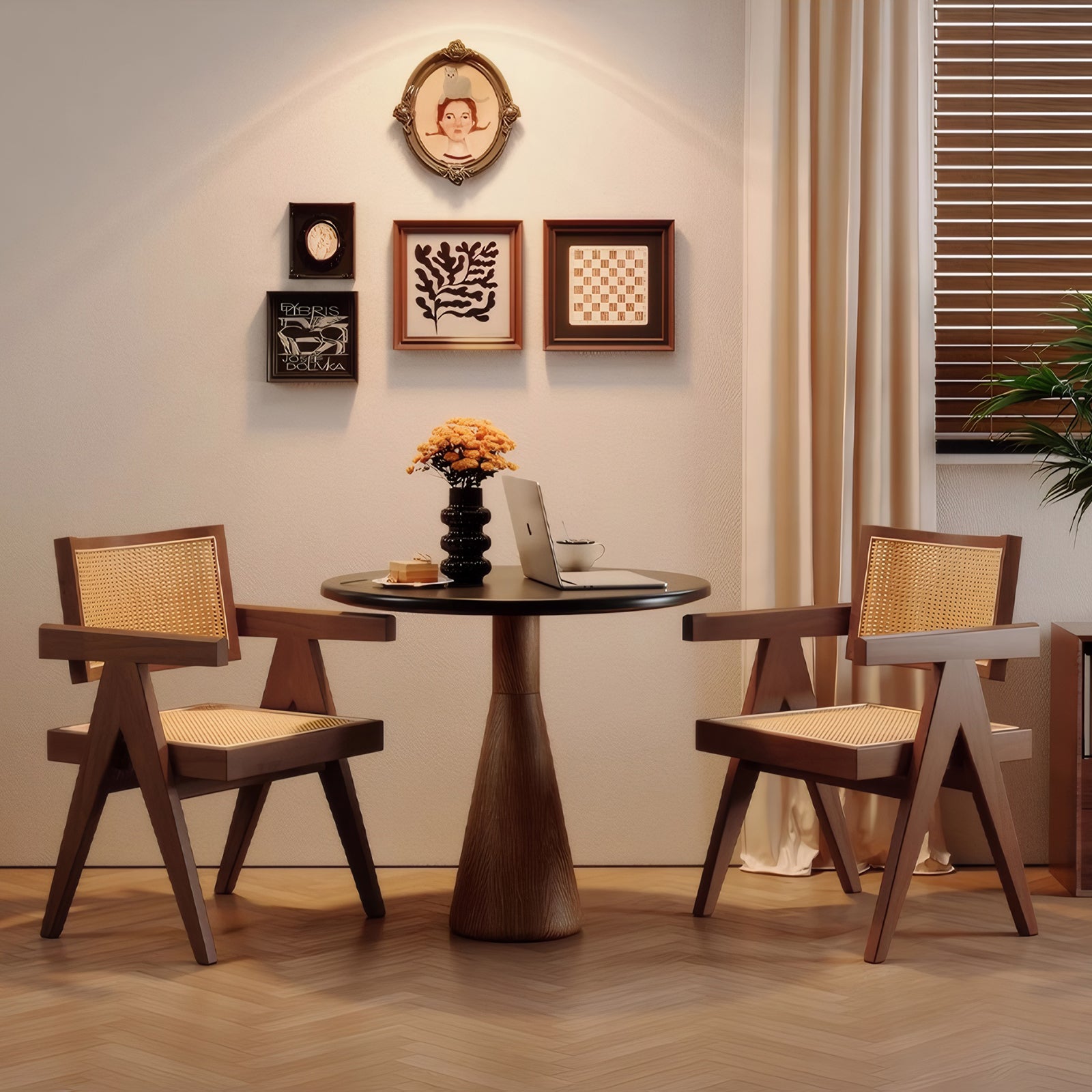 Modern Mid Century Dining Chairs Set of 2, Rattan Accent Chairs, Comfy Armchairs, Outdoor Wood Chairs with Armrest for Bedroom Living Room Reading Room Dining Kitchen