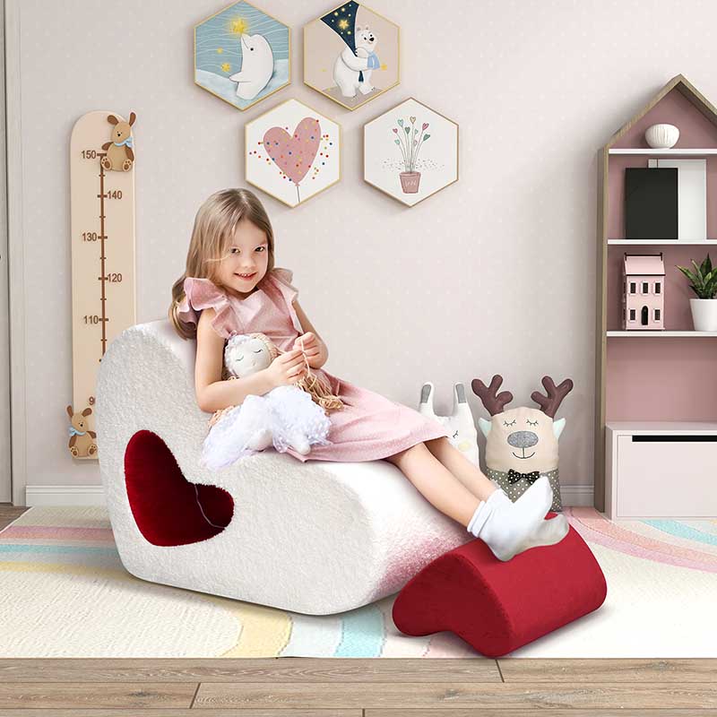 【Clearance Sale】Kids Love Shape Sofa Chair with Removable Love-Shape Footrest for Grils and Boys, Dutch Velvet, Beige