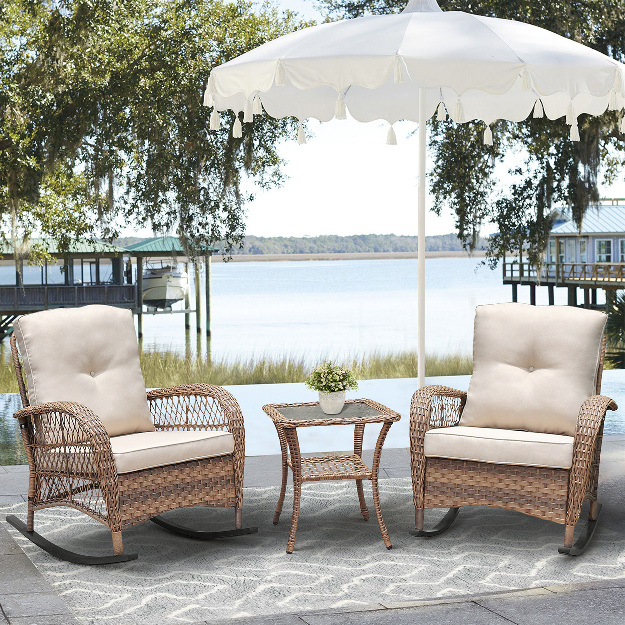3 Pieces Outdoor Wicker Rocking Chair Set/Patio Conversation Set with 2 Rattan Rocker Chairs and Glass Coffee Table