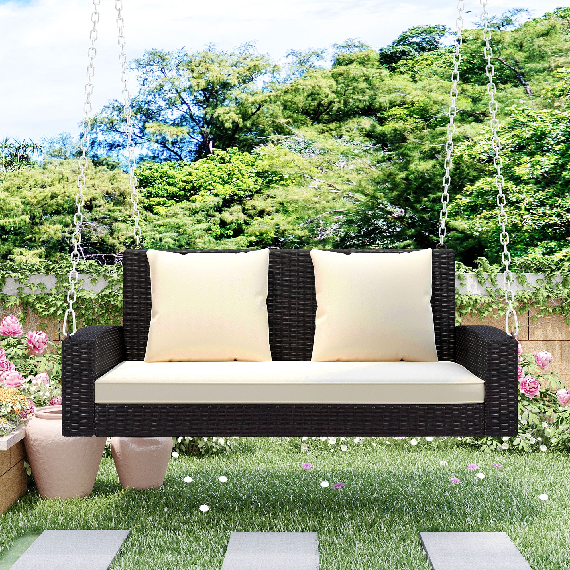 2-Person Wicker Hanging Porch Swing with Chains, Cushion, Pillow, Rattan Swing Bench for Garden, Backyard, Pond.