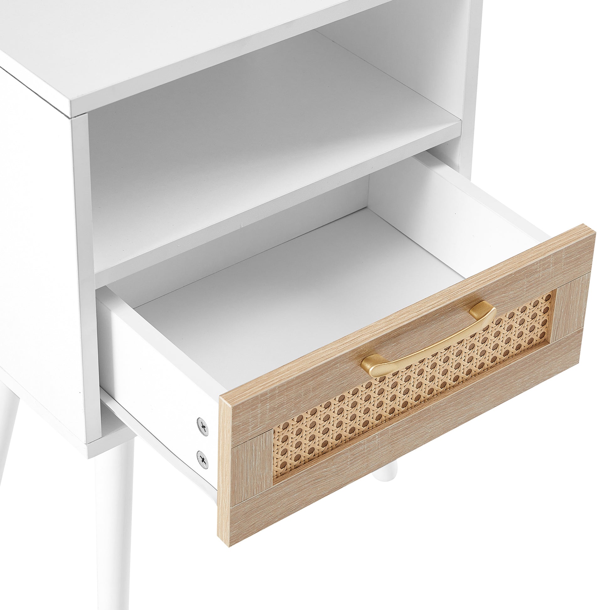 15.75" Rattan End table with Power Outlet & USB Ports , Modern nightstand with drawer and solid wood legs, side table for living room, bedroom