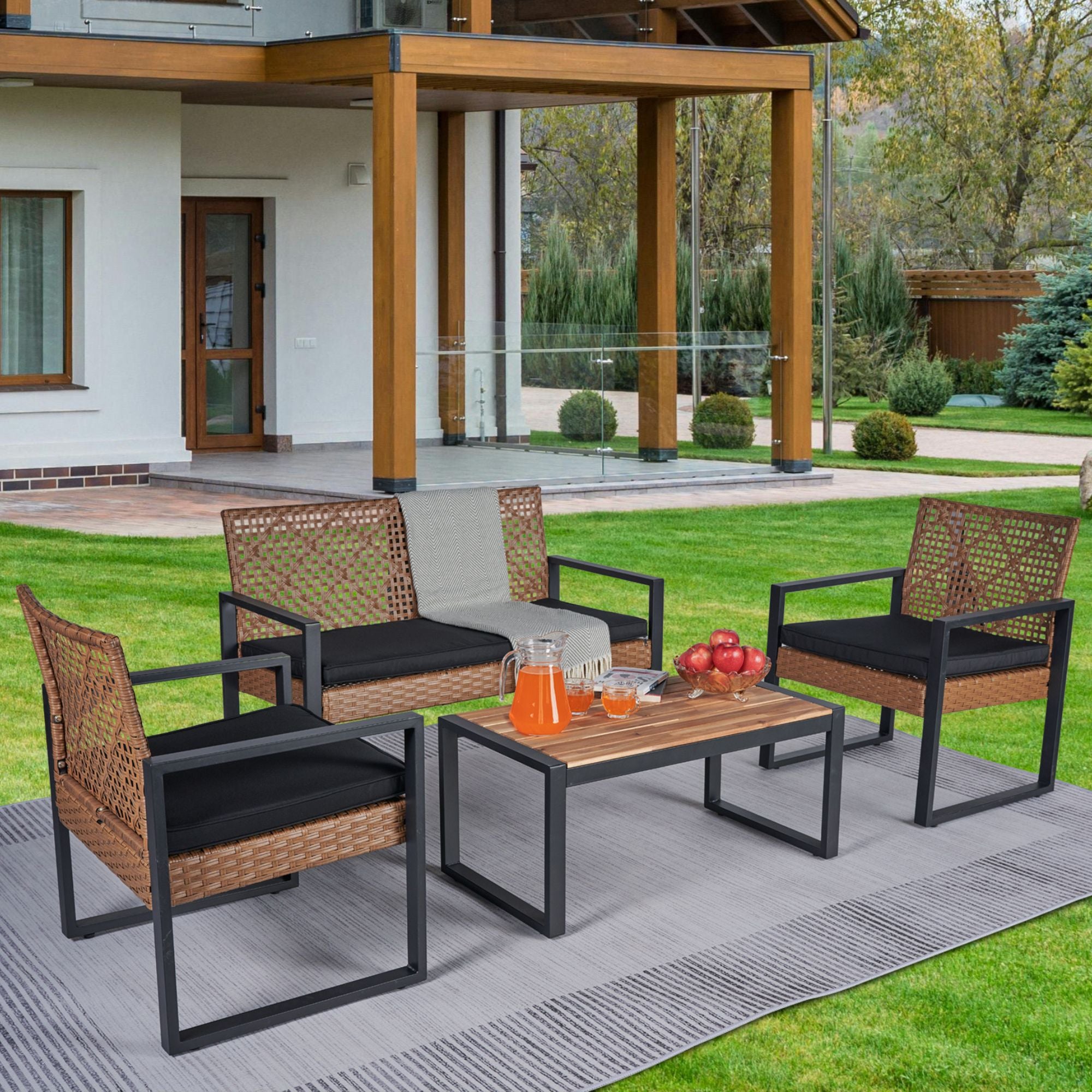 4-Piece Patio Furniture Set, Outdoor Balcony & Garden Seating with Acacia Wood Tabletop, Modern Black & Light Brown