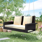 2-Person Wicker Hanging Porch Swing with Chains, Cushion, Pillow, Rattan Swing Bench for Garden, Backyard, Pond.