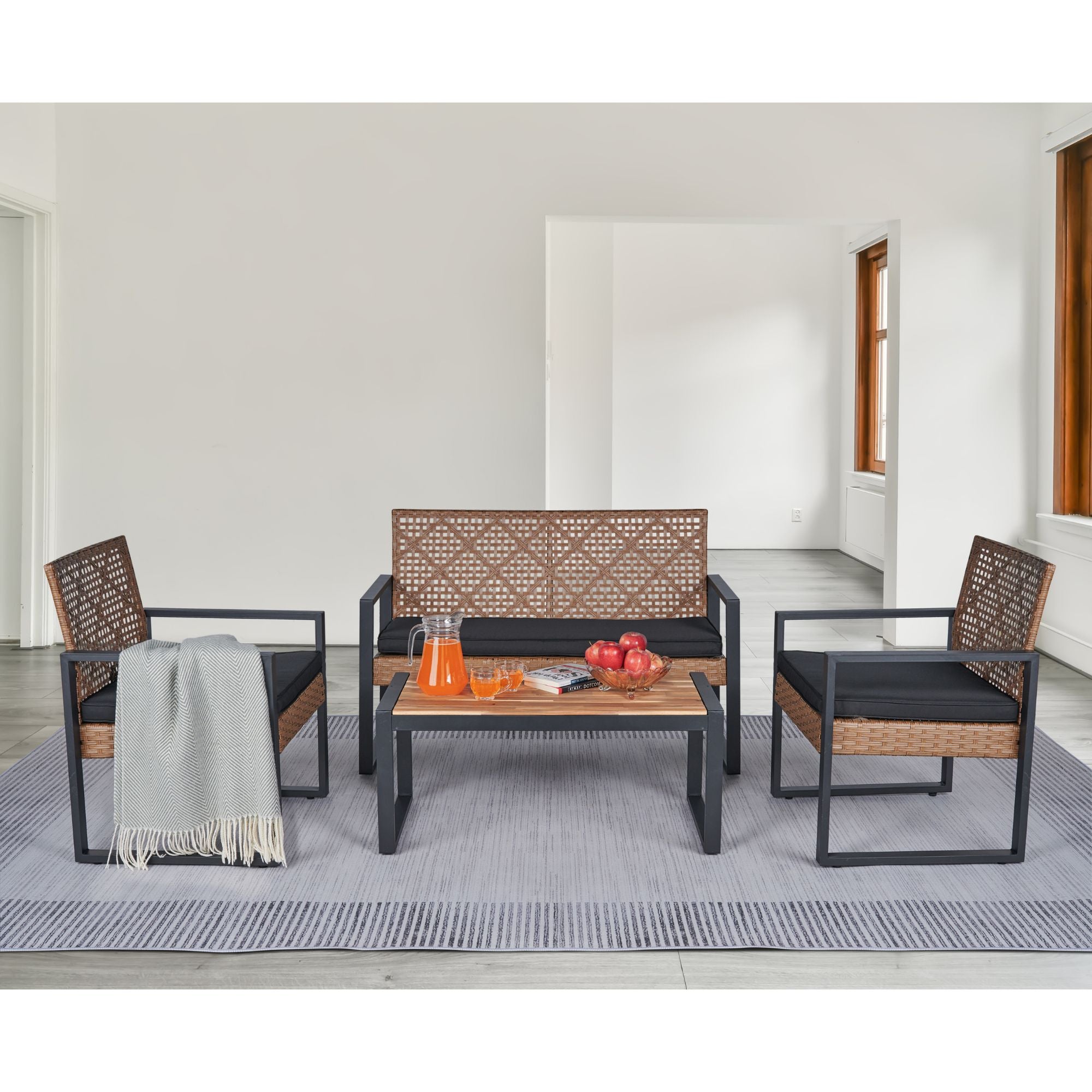 4-Piece Patio Furniture Set, Outdoor Balcony & Garden Seating with Acacia Wood Tabletop, Modern Black & Light Brown