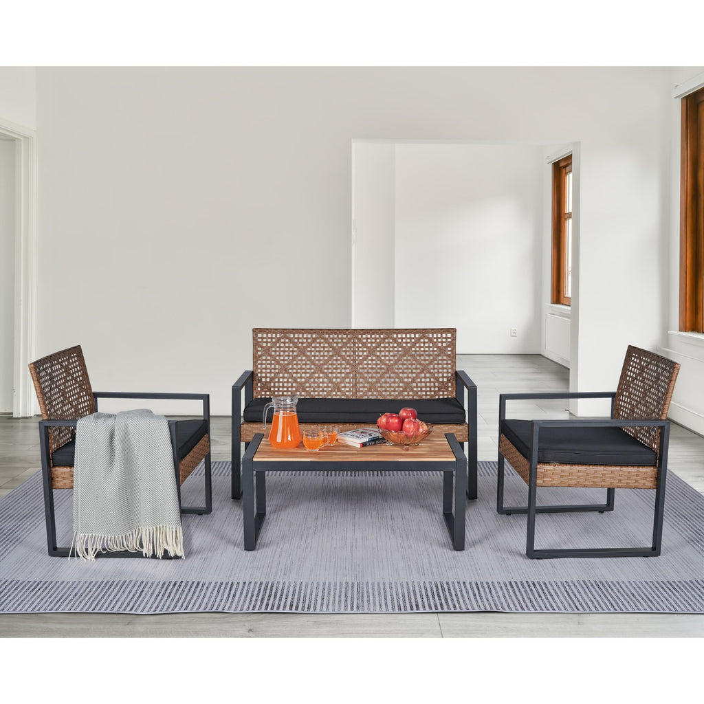 4-Piece Patio Furniture Set, Outdoor Balcony & Garden Seating with Acacia Wood Tabletop, Modern Black & Light Brown