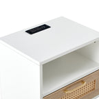 15.75" Rattan End table with Power Outlet & USB Ports , Modern nightstand with drawer and solid wood legs, side table for living room, bedroom