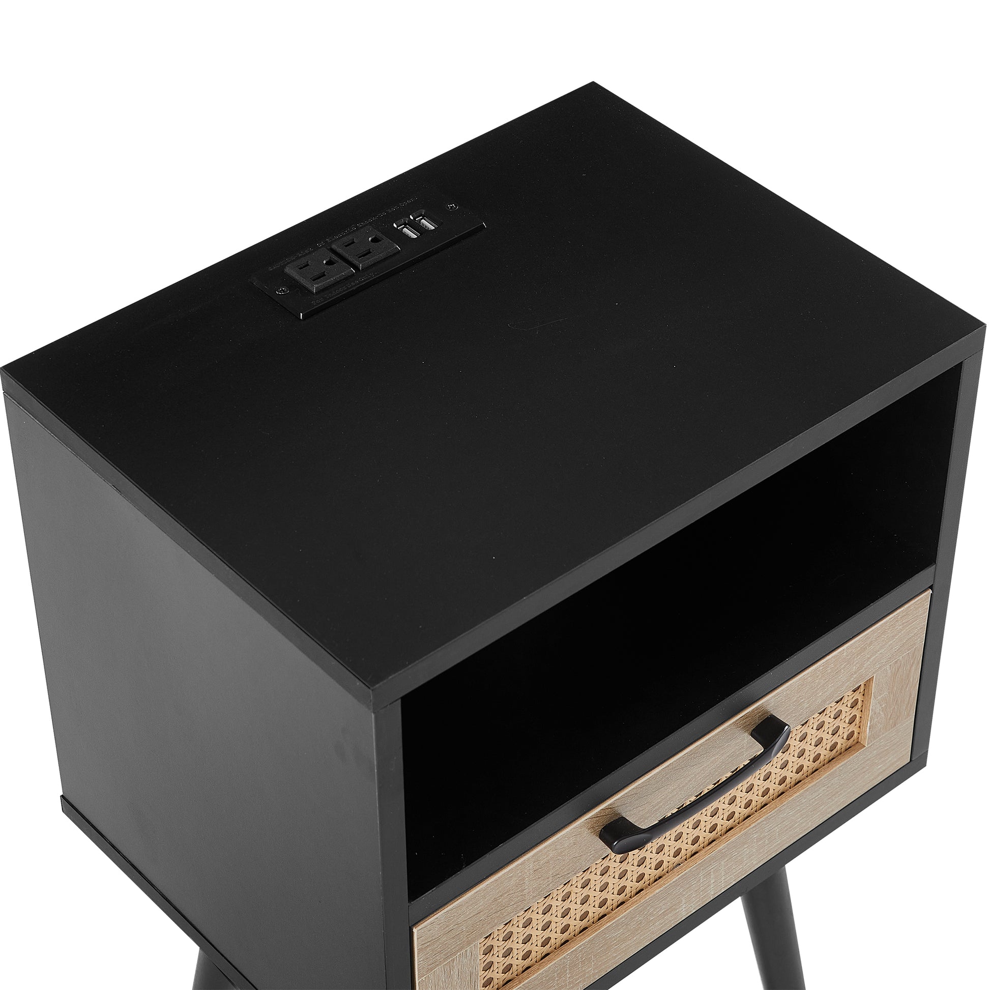 15.75" Rattan End table with Power Outlet & USB Ports , Modern nightstand with drawer and solid wood legs, side table for living room, bedroom