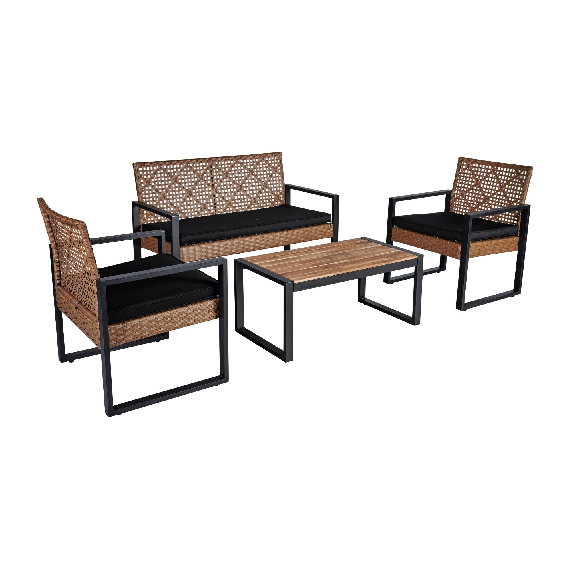4-Piece Patio Furniture Set, Outdoor Balcony & Garden Seating with Acacia Wood Tabletop, Modern Black & Light Brown