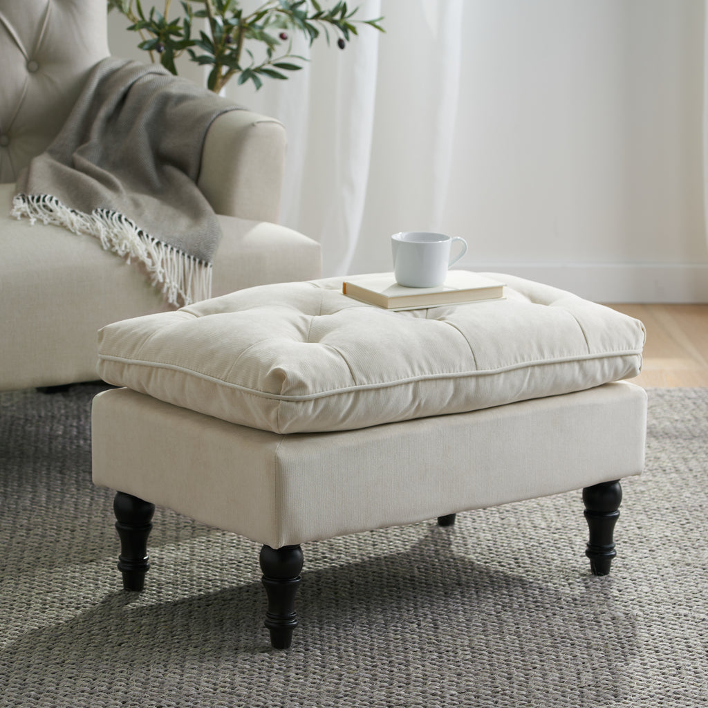 Khaki Tufted Ottoman with Cushions, 28 Inch Upholstered Ottoman for Living Room, Bedroom Sitting Area
