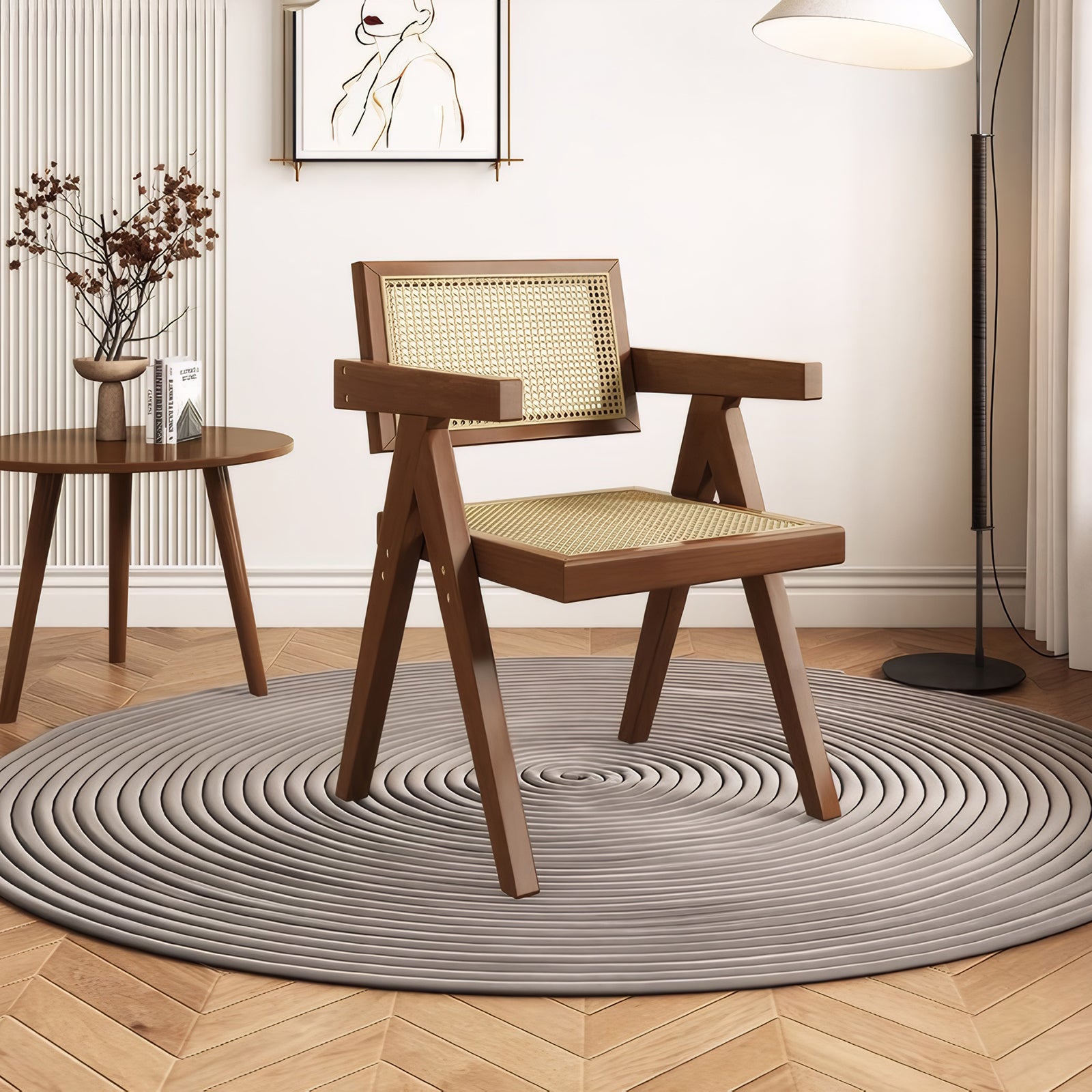 Modern Mid Century Dining Chairs Set of 2, Rattan Accent Chairs, Comfy Armchairs, Outdoor Wood Chairs with Armrest for Bedroom Living Room Reading Room Dining Kitchen