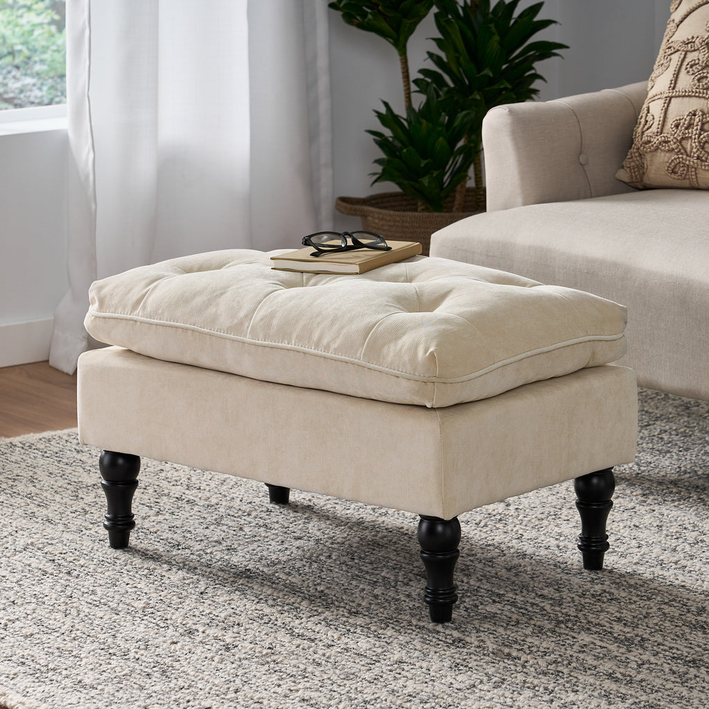 Khaki Tufted Ottoman with Cushions, 28 Inch Upholstered Ottoman for Living Room, Bedroom Sitting Area