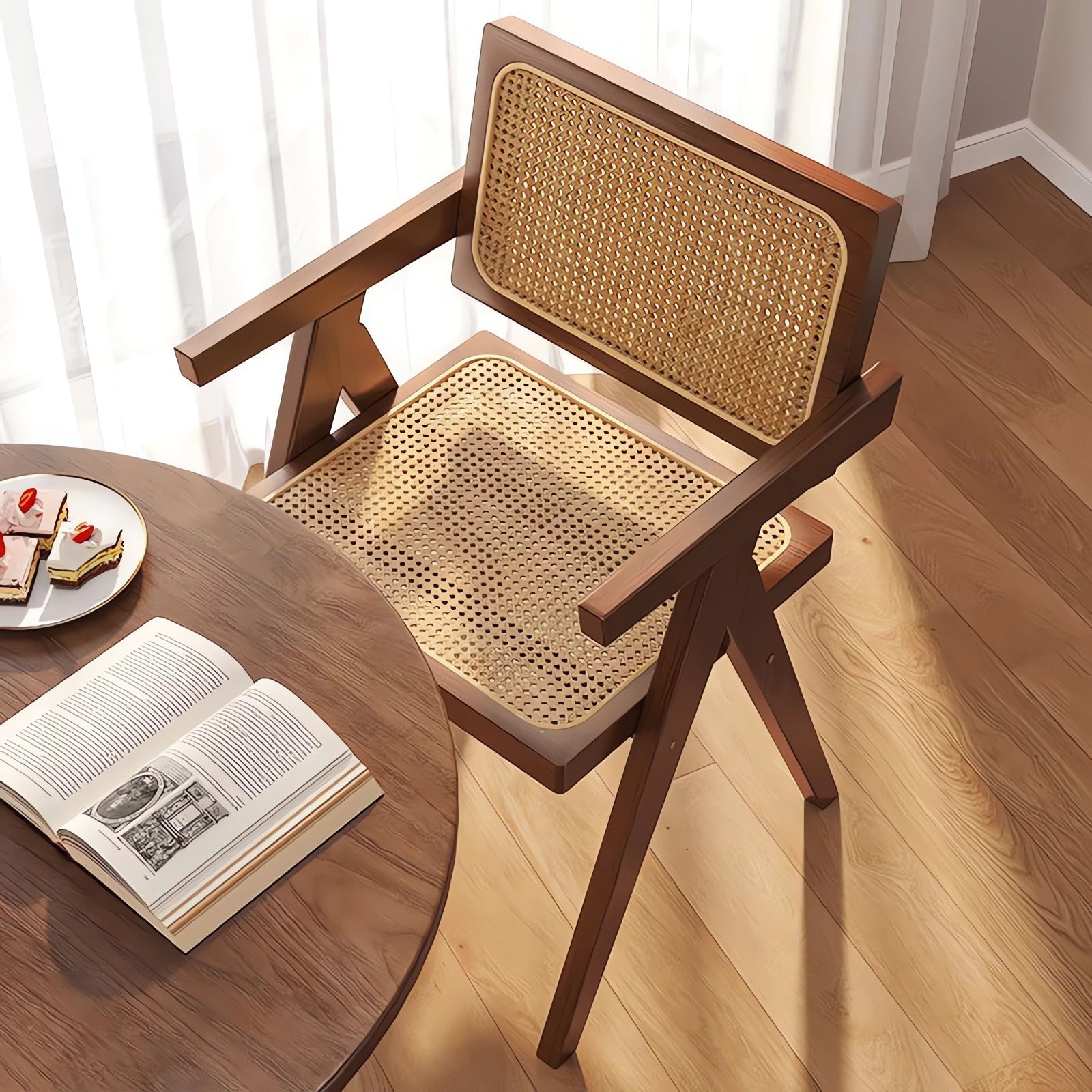 Modern Mid Century Dining Chairs Set of 2, Rattan Accent Chairs, Comfy Armchairs, Outdoor Wood Chairs with Armrest for Bedroom Living Room Reading Room Dining Kitchen