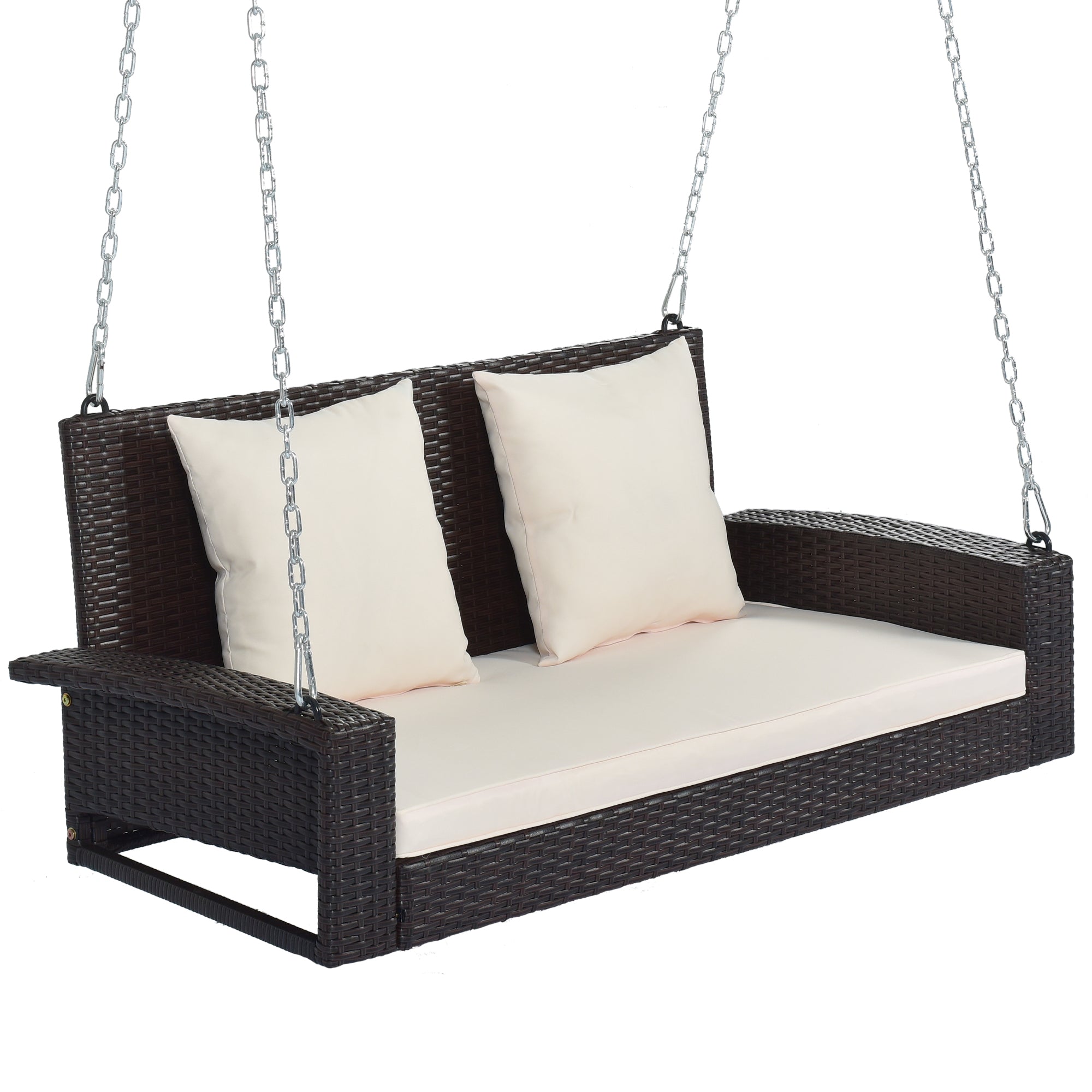 2-Person Wicker Hanging Porch Swing with Chains, Cushion, Pillow, Rattan Swing Bench for Garden, Backyard, Pond.