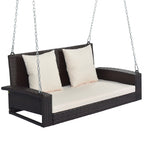 2-Person Wicker Hanging Porch Swing with Chains, Cushion, Pillow, Rattan Swing Bench for Garden, Backyard, Pond.
